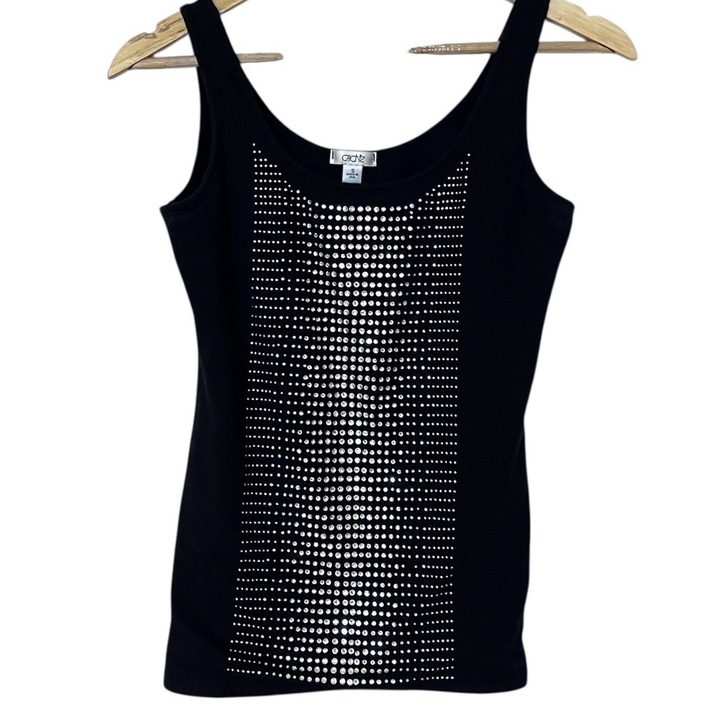 Vtg Cache Sparkly Rhinestone Tank Top Womens S Black Stretch Sleeveless Party